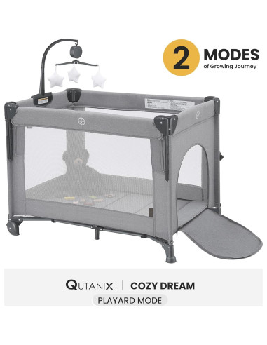 Cuna de Juego 2-en-1 Qutanix Gris Plegable con Móvil Musical