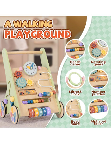 Andador de Madera Bautia para Bebés 6-12 Meses con Panel Interactivo