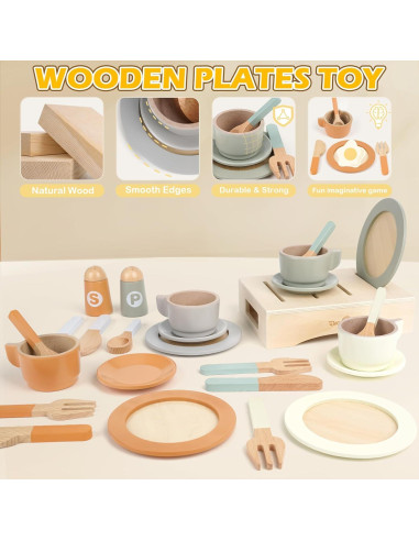 Juego de Platos y Utensilios de Madera Dreamon 27 Piezas