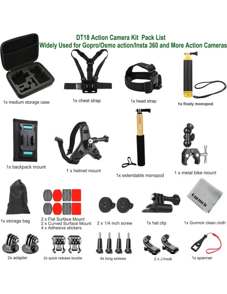 Kit de Accesorios Gurmoir para Cámaras de Acción - Montajes y Bastón Kit de Accesorios Gurmoir para Cámaras de Acción - Montajes y Bastón