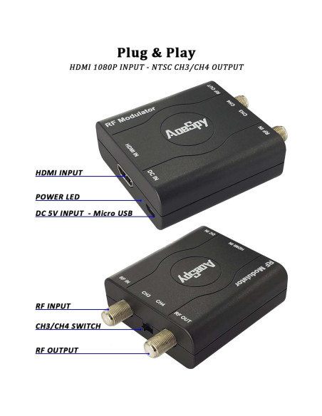 Adaptador HDMI a Coaxial AoeSpy - Convertidor RF VHF para TV Adaptador HDMI a Coaxial AoeSpy - Convertidor RF VHF para TV