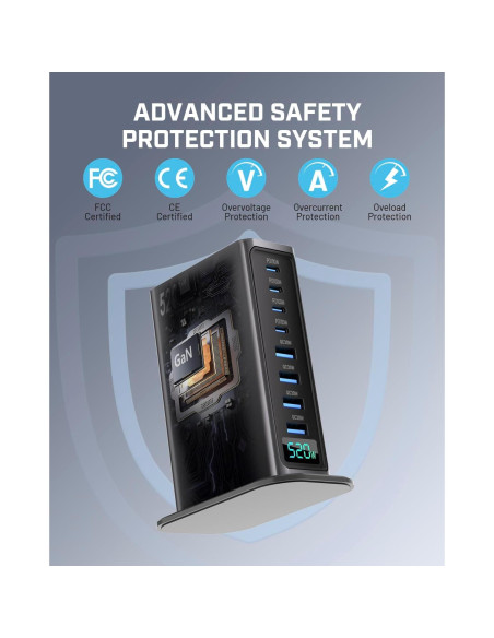 Cargador USB C 520W Hosowe, Estación de Carga Rápida 8 Puertos Cargador USB C 520W Hosowe, Estación de Carga Rápida 8 Puertos