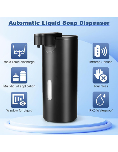 Dispensador Automático de Jabón VZZNN 340ml Acero Inoxidable Negro Dispensador Automático de Jabón VZZNN 340ml Acero Inoxidable Negro