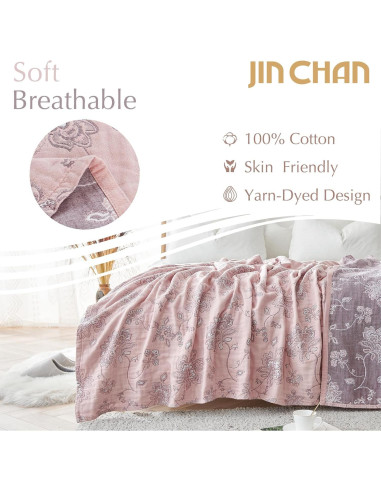 Manta Ligera Boho 100% Algodón Jinchan 203x228 cm Rosa Floral