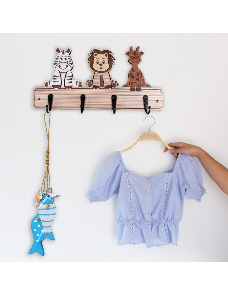 Perchero de pared para niños Midrean - 4 ganchos de madera Perchero de pared para niños Midrean - 4 ganchos de madera