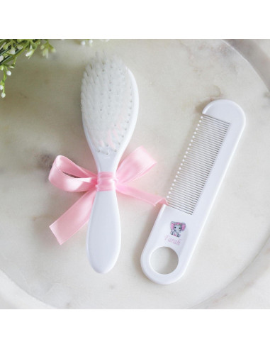 Set de Cepillo y Peine Personalizado para Bebé Elefante Rosa