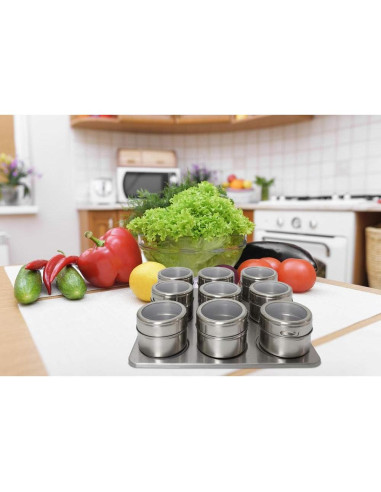 Estante Magnético para Especias - 9 Tarros Acero Inoxidable
