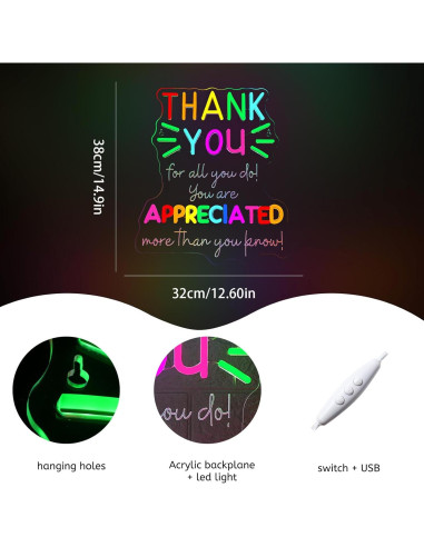 Señal Neón LED Gracias Apreciado WLHOPE 32x38 cm USB