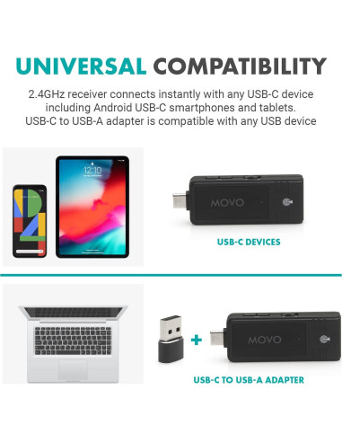 Micrófono Inalámbrico USB-C Movo WMX-1-UH para PC y Smartphones