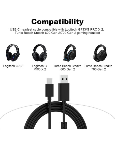 Cable de carga USB-C Zosvoses 1.8m para Logitech G733, G502 Cable de carga USB-C Zosvoses 1.8m para Logitech G733, G502