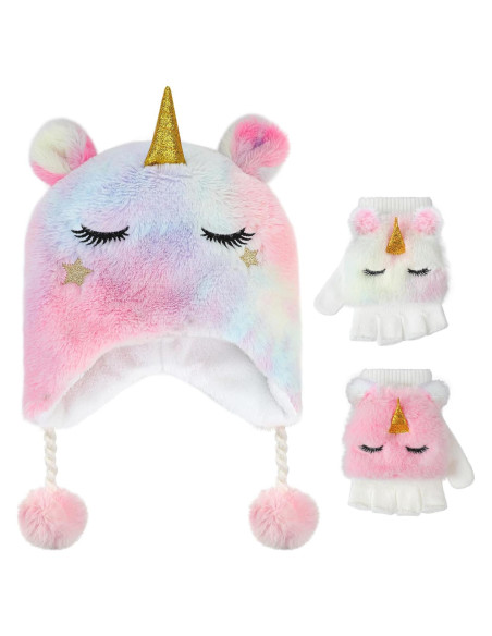 Conjunto de Gorro y Guantes de Unicornio para Niñas 3-10 Años Conjunto de Gorro y Guantes de Unicornio para Niñas 3-10 Años
