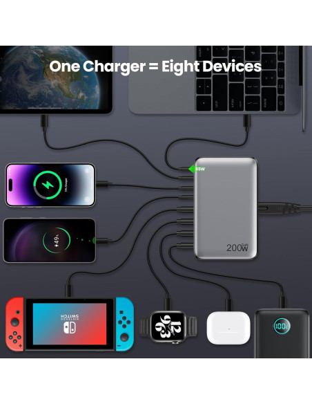 Cargador USB C 200W GaN III 8 Puertos Rápido para Laptop Cargador USB C 200W GaN III 8 Puertos Rápido para Laptop