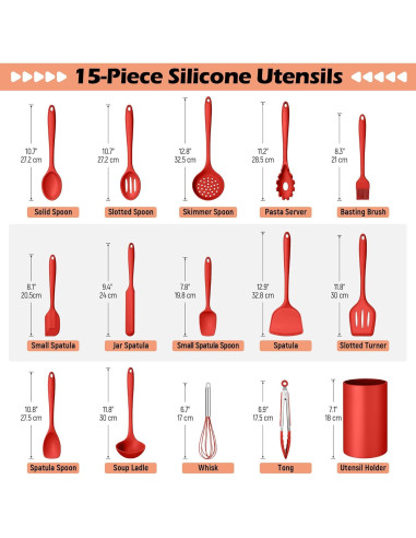 Juego de Utensilios de Cocina 15 Piezas Homikit Silicona Roja