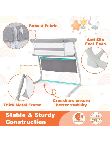 Cuna Lateral Ajustable Baby Joy Gris con Colchón y Bolsillos