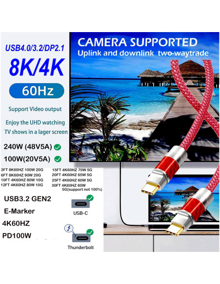 Cable USB Tipo C 9.14m YOTETION 4K 240W Rojo Cable USB Tipo C 9.14m YOTETION 4K 240W Rojo
