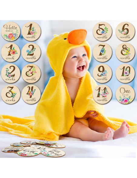 16 Tarjetas de Hitos Mensuales de Madera Tiamon para Bebés 16 Tarjetas de Hitos Mensuales de Madera Tiamon para Bebés