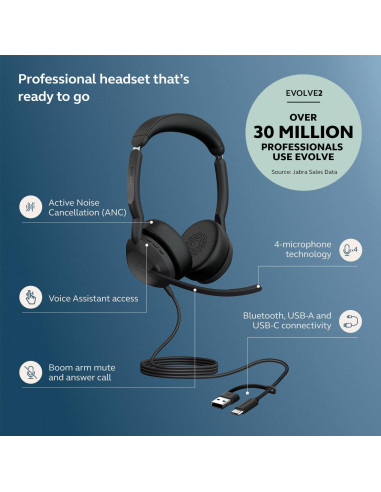 Auriculares Jabra Evolve2 50 con Cable y Bluetooth - Cancelación de Ruido