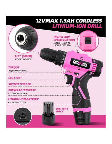 Kit de Herramientas DOWELL Rosa 147 Piezas con Taladro 12V