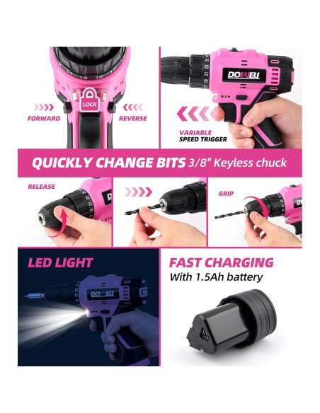Kit de Herramientas DOWELL Rosa 147 Piezas con Taladro 12V
