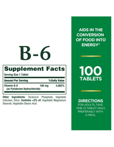 Tabletas de Vitamina B6 Nature's Bounty 100mg 100 Ct - Energía y Salud