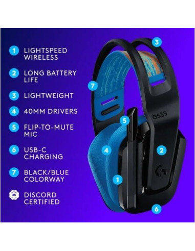 Auriculares Inalámbricos Logitech G535 LIGHTSPEED para Juegos - 33 Horas Batería, PC, PS5, Negro/Azul (Renovado)
