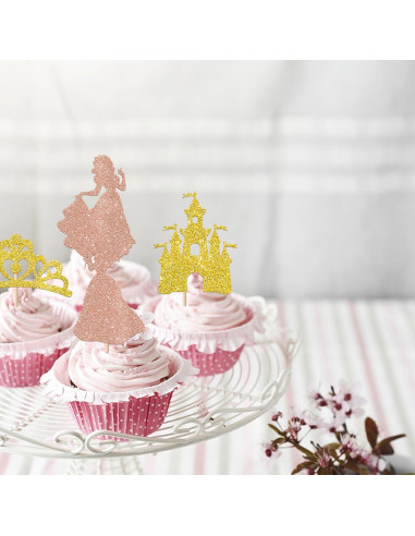 Toppers de Cupcake Princesa Rsstarxi 24 Piezas Rosa Dorado