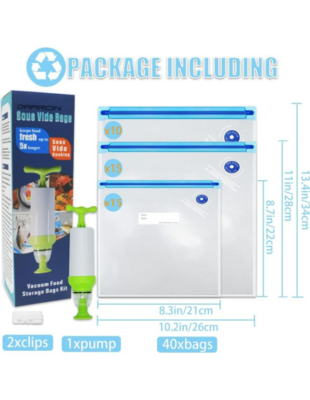 Kit 40pcs Bolsas Sous Vide Daarcin Libre de BPA con Bomba Kit 40pcs Bolsas Sous Vide Daarcin Libre de BPA con Bomba