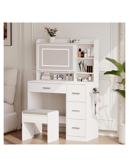 Escritorio de Tocador Blanco Viaozutis con Espejo LED y Cajones Escritorio de Tocador Blanco Viaozutis con Espejo LED y Cajones