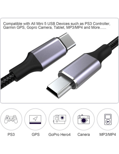 Cable USB C a Mini USB 1m Sqrmekoko para Micrófonos Blue Yeti