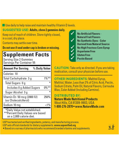Gomas de Vitamina D3 Nature Made Sin Azúcar 2000 IU 110 Unidades