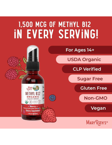 Spray de Vitamina B12 MaryRuth 29.57 ml | Vegano y Orgánico Spray de Vitamina B12 MaryRuth 29.57 ml | Vegano y Orgánico