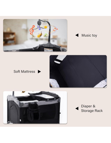 Cuna 5 en 1 Soobaby Negra y Gris Plegable con Cambiador
