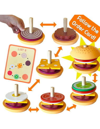 Juguete Apilable Hamburguesa de Madera Montessori Mama - 10 Tarjetas
