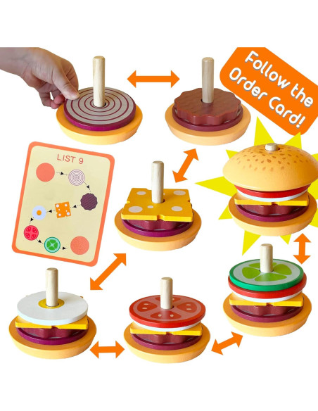 Juguete Apilable Hamburguesa de Madera Montessori Mama - 10 Tarjetas Juguete Apilable Hamburguesa de Madera Montessori Mama - 10 Tarjetas