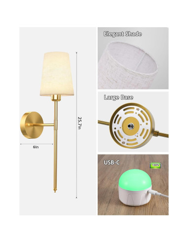 Juego de 2 Apliques de Pared Inalámbricos Dorados 10000mAh