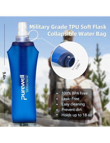 Botella de Agua Filtrada Purewell 1000L Colapsable Azul