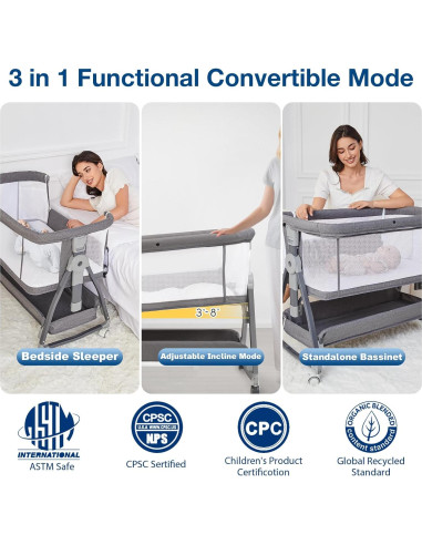 Cuna 3 en 1 Jixrolyn Gris Ajustable para Bebés con Colchón