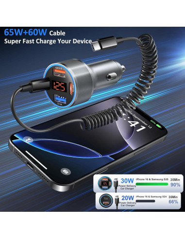 Cargador de Coche 65W 4 Puertos USB-C Bangfun con Cable 1.5m