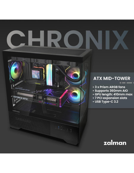 Caja de PC Zalman CHRONIX Mid-Tower ATX con 3 Ventiladores ARGB Caja de PC Zalman CHRONIX Mid-Tower ATX con 3 Ventiladores ARGB