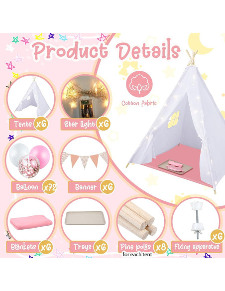 Tienda Teepee Windyun Pack de 6 para Niños con Mantas y Luces Tienda Teepee Windyun Pack de 6 para Niños con Mantas y Luces