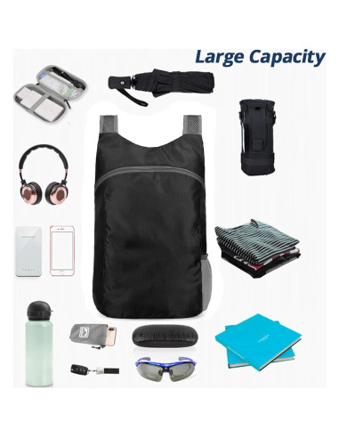 Mochila de viaje plegable 20L impermeable negra unisex