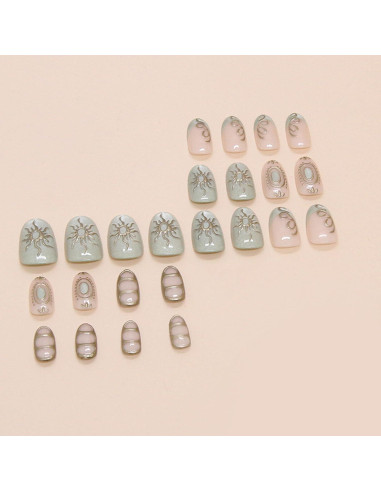 Uñas Postizas Cortas Almendras UEYRSEDB con Glitter Verde 24 Pcs