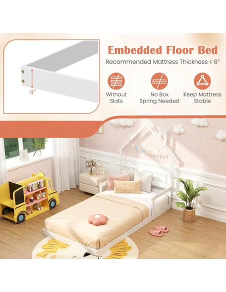 Cama de Piso Twin Giantex Blanca Montessori con Cabecera Chimenea Cama de Piso Twin Giantex Blanca Montessori con Cabecera Chimenea