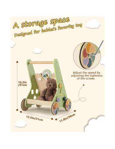 Andador de Madera LOL-FUN Verde para Bebé 6-12 Meses