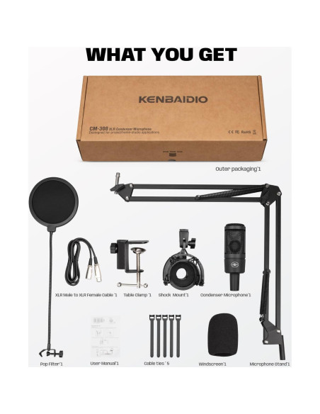 Micrófono de Condensador XLR KENBAIDIO con Brazo y Filtro Antipop Micrófono de Condensador XLR KENBAIDIO con Brazo y Filtro Antipop