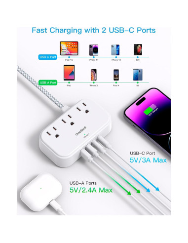 Regleta de Poder One Beat 5 Pies 3 Salidas 4 USB Crucero