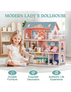 Casa de Muñecas de Madera ROBUD 3 Pisos con Muebles 60x24x65cm 2