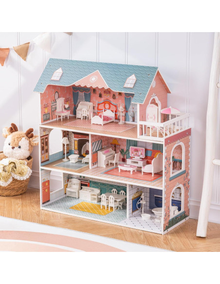 Casa de Muñecas de Madera ROBUD 3 Pisos con Muebles 60x24x65cm Casa de Muñecas de Madera ROBUD 3 Pisos con Muebles 60x24x65cm