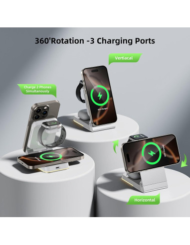 Cargador Inalámbrico 3 en 1 Egognaw Plata para iPhone, Apple Watch y AirPods