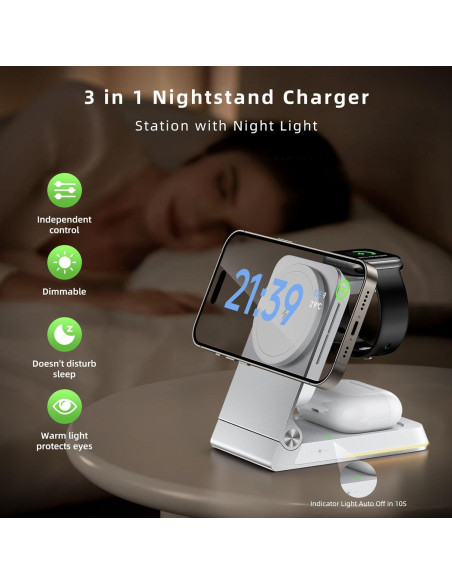 Cargador Inalámbrico 3 en 1 Egognaw Plata para iPhone, Apple Watch y AirPods Cargador Inalámbrico 3 en 1 Egognaw Plata para iPhone, Apple Watch y AirPods